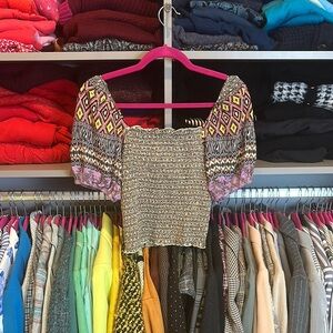 Angie yellow/pink/black smocked short sleeve crop top size S